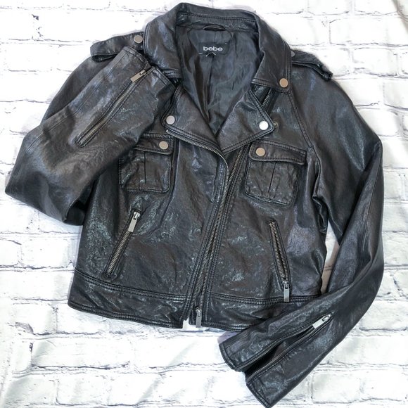 BEBE Genuine Leather Moto Style Jacket Black Size S - Picture 15 of 16